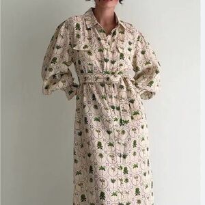 Cream Printed Maxi Shirt Dress with Green Palm Motif